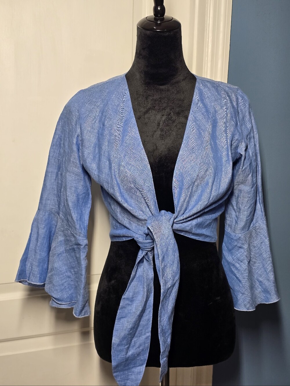 Luisa Positano Chambray Linen Wrap Crop Top M Flare Sleeve Tie Waist Mamma Mia